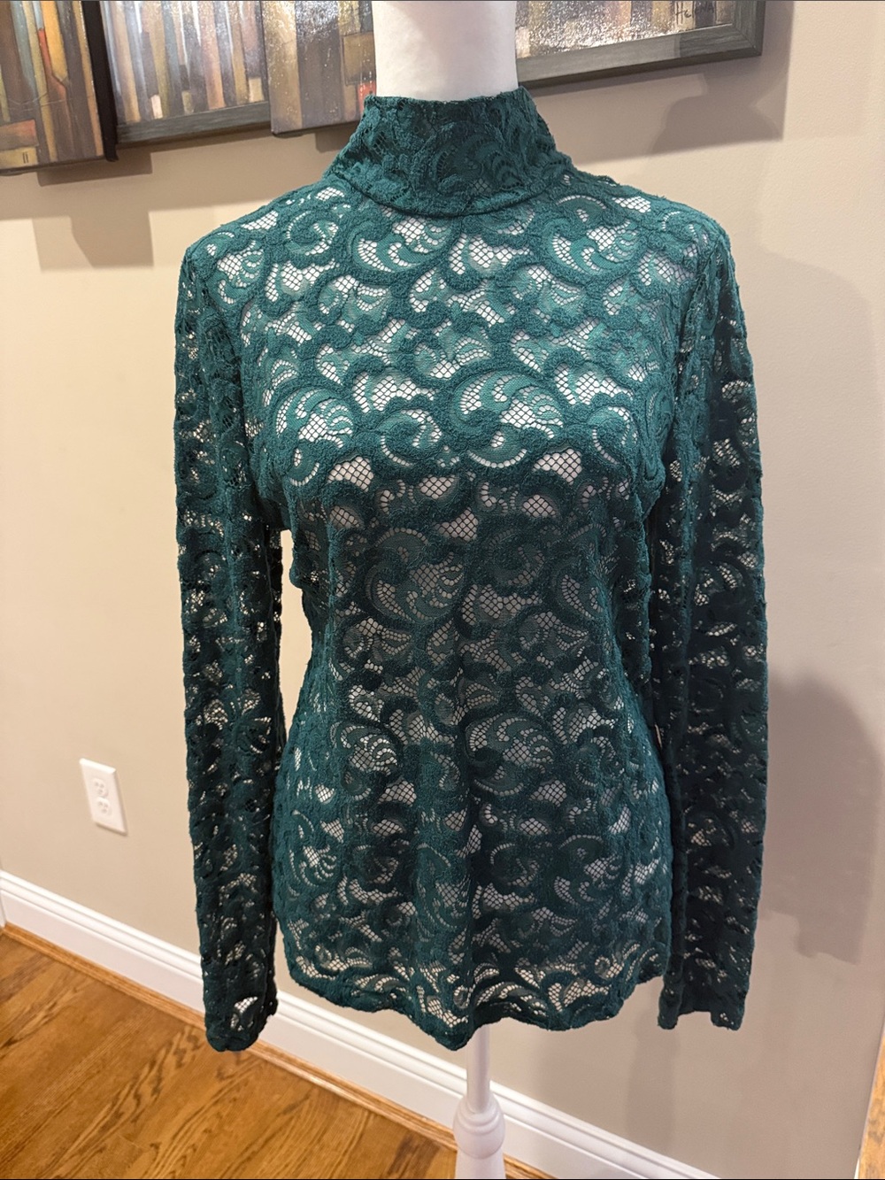 White House Black Market Green Lace Mock Neck Long Sleeve Top